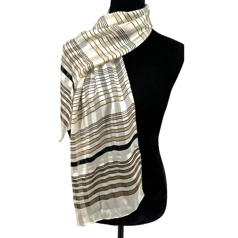 DKNY Womens Cream Tone On Tone Stripe Geometric Rectangular Silk Scarf Italy‎